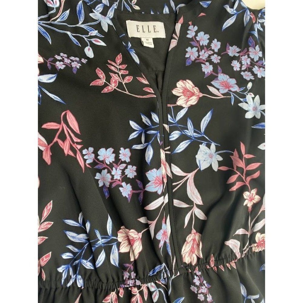 ELLE Black Pink Floral Split Neckline A Line Dress Sz Medium - Picture 6 of 8